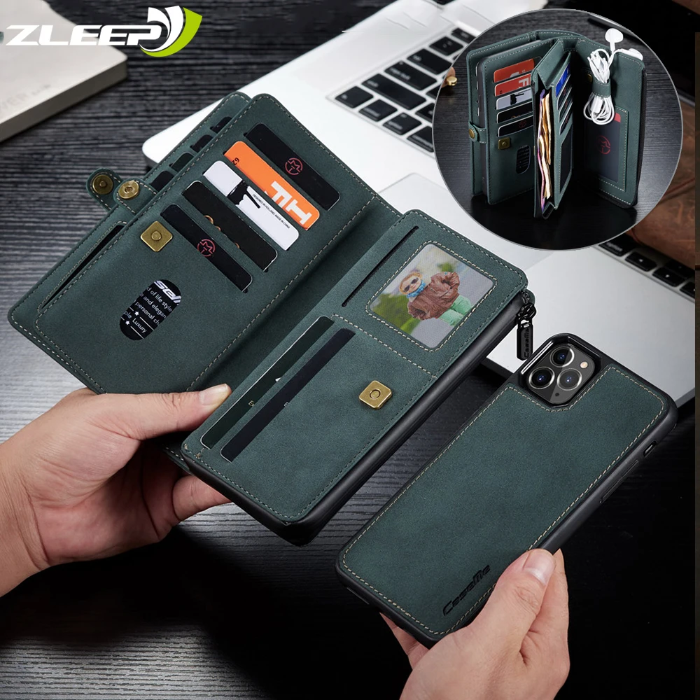 Luxury Zipper Magnet Wallet Pouch Case For iPhone 12 Mini SE 2020 7 8 11 Pro XS Max X XR Flip Leather Card Removable Phone Cover