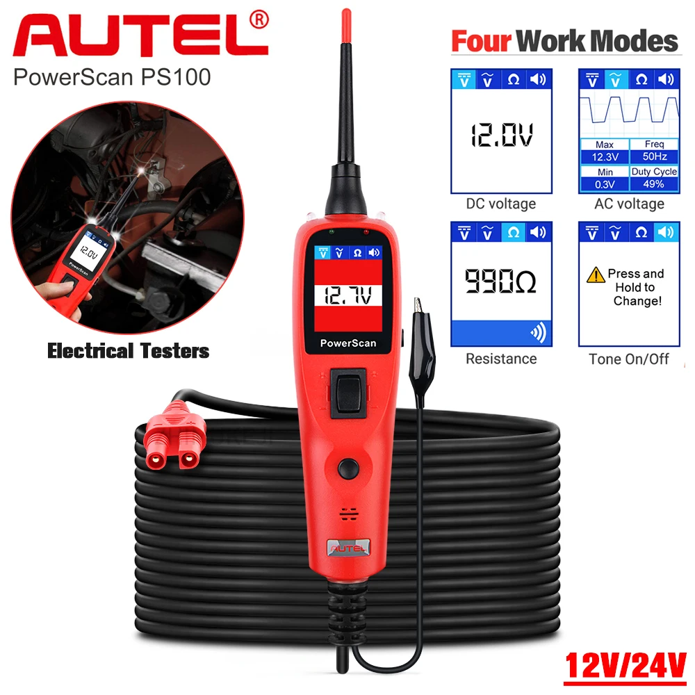 Autel-probador de circuitos de diagnóstico, PowerScan PS100 herramienta de prueba y cables eléctricos, sistema eléctrico 12V/24V