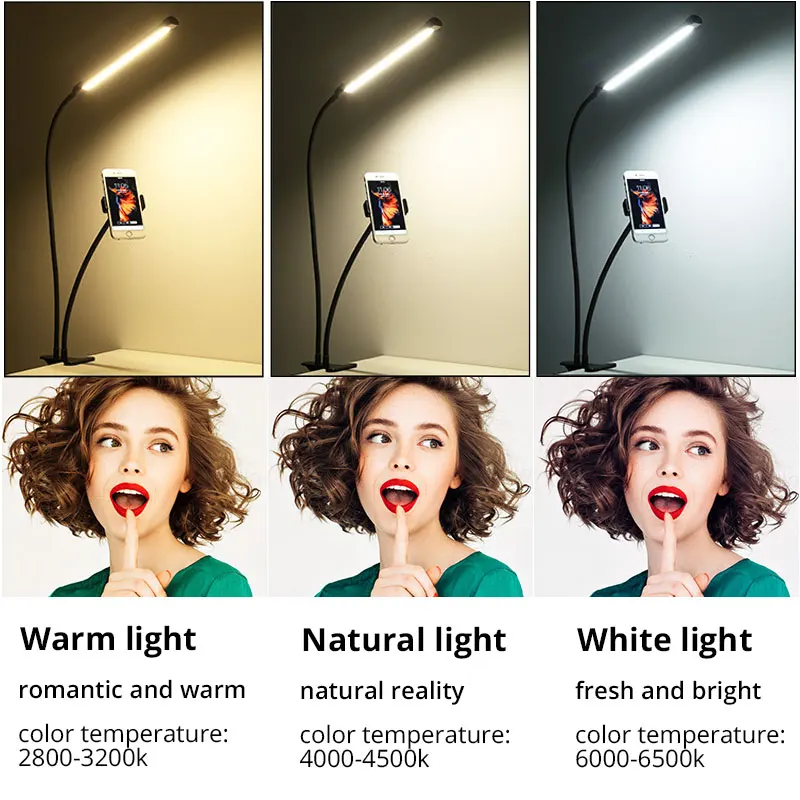  360 Degree Mobile Phone Holder Stand With Selfie LED Light for Live Stream Long Arm Bracket Desk La