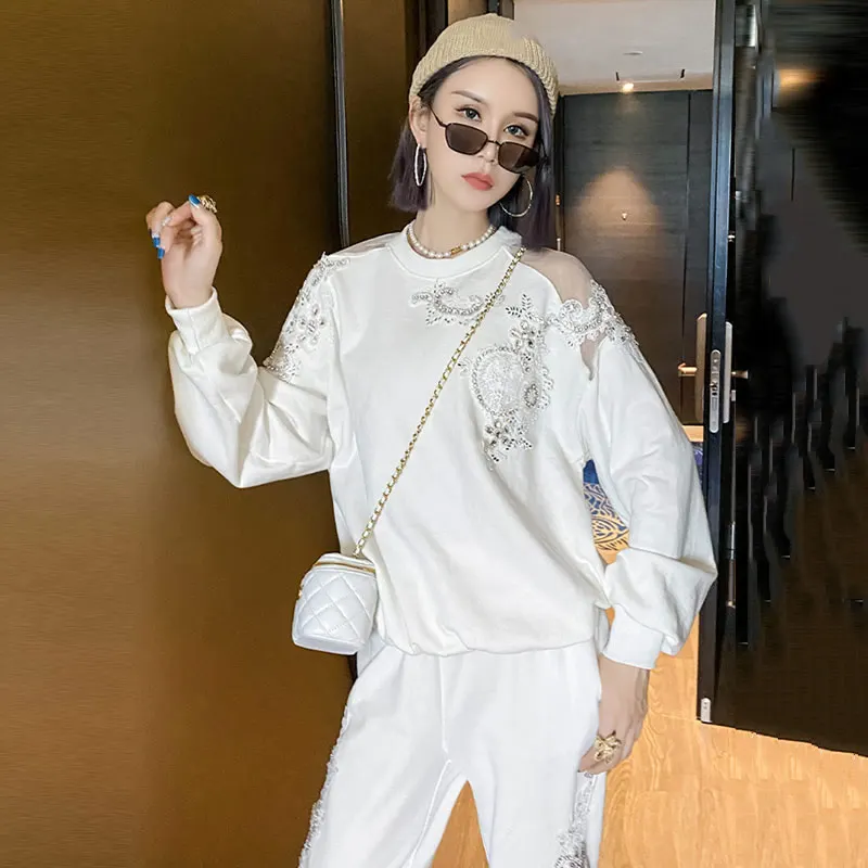 XITAO Patchwork Mesh Sequins Sweatshirt Women 2020