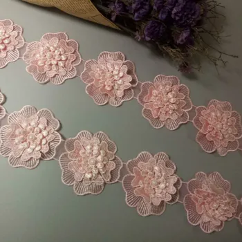 

2 yard 7.5cm Pink Polyester Pearl Flower Lace Edge Trim Ribbon Fabric Embroidered Applique Sewing Craft Wedding Dress Clothes