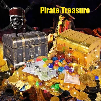 

Kids Plastic Cosplay Gold Treasure Captain Pirate Party Pirate Treasure Chest Pirate Gems Jewelry Playset Toys for Children
