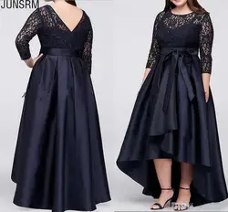 Plus Size Mother of the Bride Dress High Low Three Quarter Sleeve Lace Satin Bow Sash Women Formal Wedding Guest Gowns
