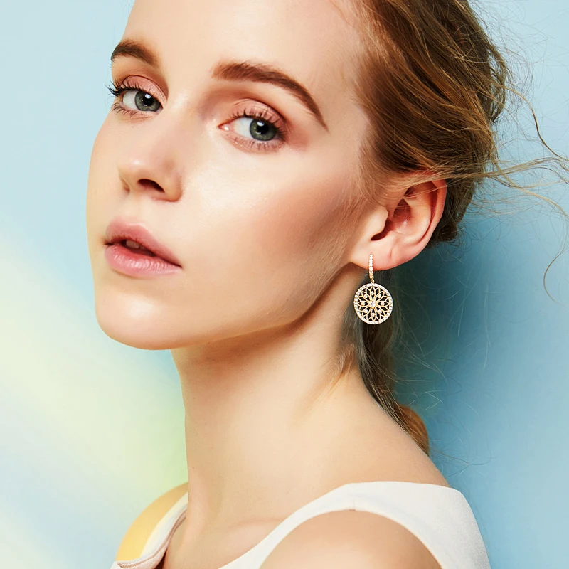 2019 New Creative 925 Sterling Silver Round Drop Earrings For Women Fashion Gold Color Zircon Jewelry Gift