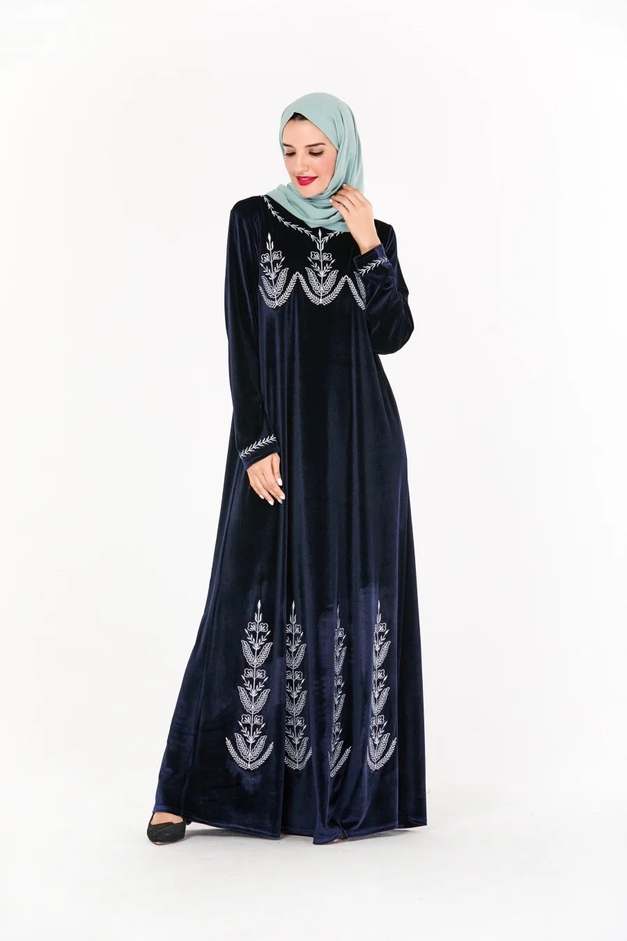 Siskakia модное арабское длинное платье большого размера темно-синее бархатное этническое Платье макси с вышивкой элегантное мусульманское платье с широкими рукавами