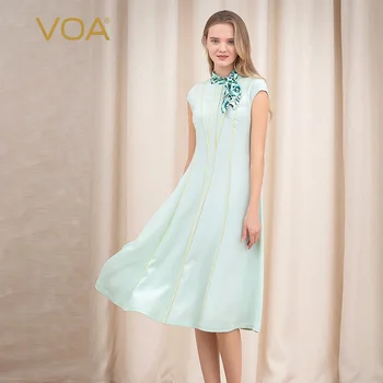 

VOA Mint Green Heavy Weight Silk Dresses Womens Gold Band Mid Waist Slim Straight Dress Women Elegant Party Chothes A10563