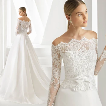 

Wedding Dress 2020 Mrs Win Full Sleeve Elegant Boat Neck Court Train Back Button A-line Princess Illusion Wedding Gown Plus Size