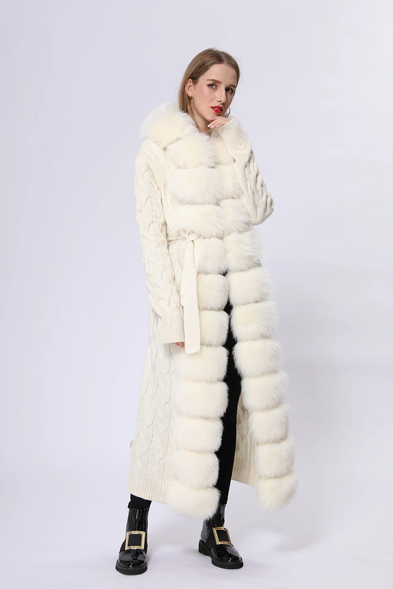 cable knit sweater Winter Women X-Long Casual Fashion Belted Thick Wool Hooded Knitted Sweater Cardigan With Real Fox Fur Trim MSJ-S-03 pullover sweater