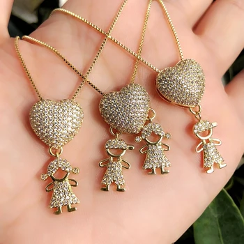 

Lovely Girl Boy Pendant Necklace Full Cubic Zirconia Stone Heart shape Gold Color Charm Necklace Love Kids Women Fashion Jewelry