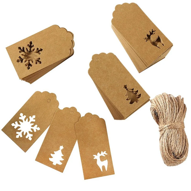 

100PCS Kraft Paper Tags Handmade/Thank You DIY Crafts Hang Tag Gift Wrapping Supplies Snowflake Labels For Christmas With Rope