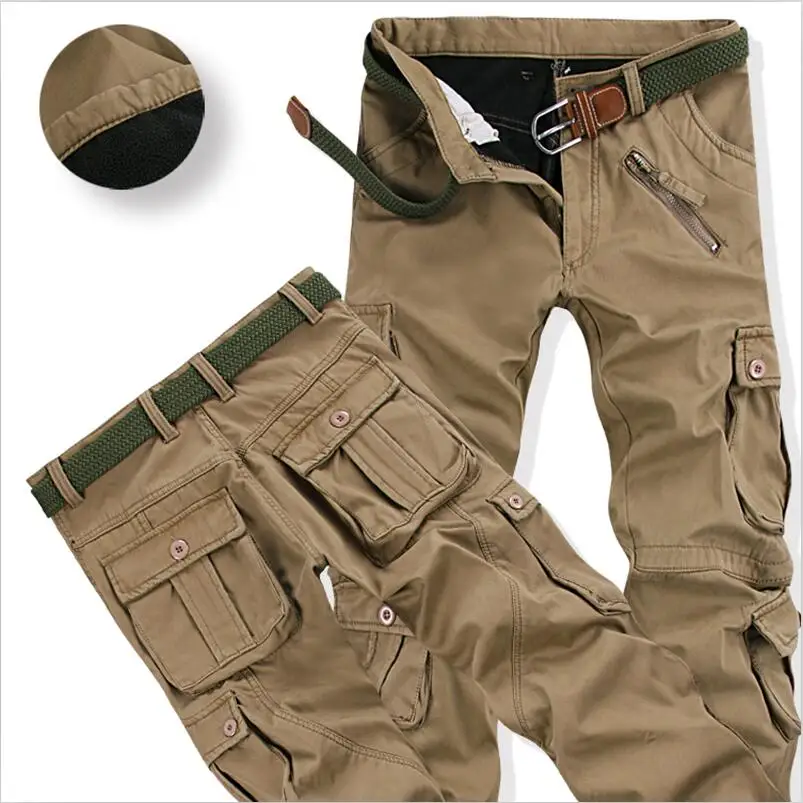 Khaki Мужские Зимние флисовые брюки, плотные теплые брюки-карго, повседневные меховые длинные брюки с карманами, Модные свободные мешковатые мужские брюки для бега - Цвет: Khaki