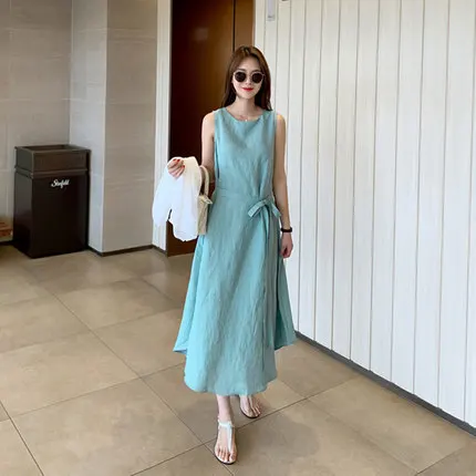 

Literature And Art WOMEN'S Dress New Style Korean-style Slim Fit Slimming Lace-up Cotton Linen Dress Summer Elegant Waist Huggin