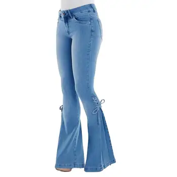 

джинсы женские macacao feminino Plus Size Women Vintage Flare Jeans Lace Up Bow Skinny Wide Leg Denim Pants high waist jeans
