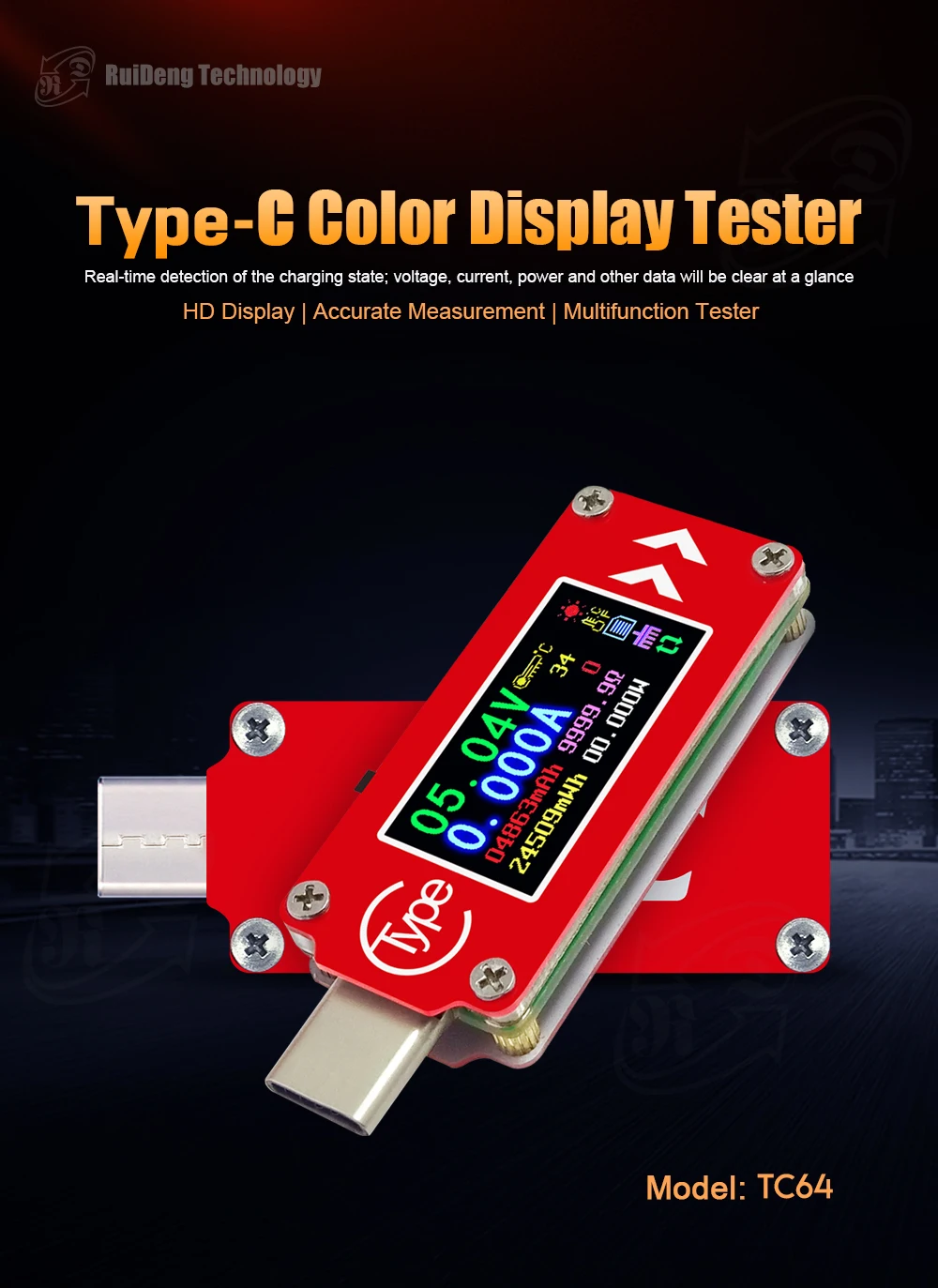 TC64 тип-c ЖК-цветной экран USB Вольтметр Амперметр мульти-тестер функций инструмент обнаружения напряжения измеритель тока контроллер зарядки