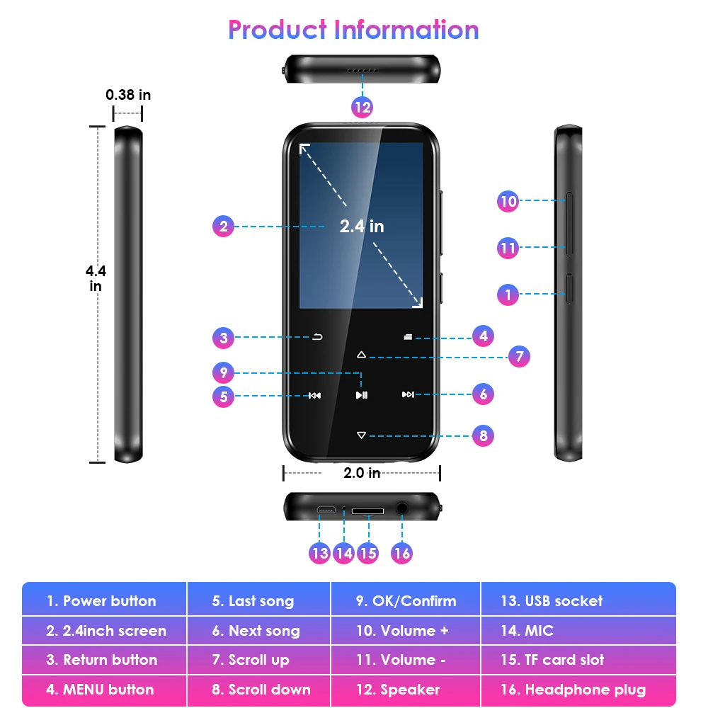 Qosea HiFi MP3-плеер с Bluetooth Портативный Walkman музыкальный плеер сенсорный тон встроенный динамик 16 Гб Аудио Электронная книга fm-радио