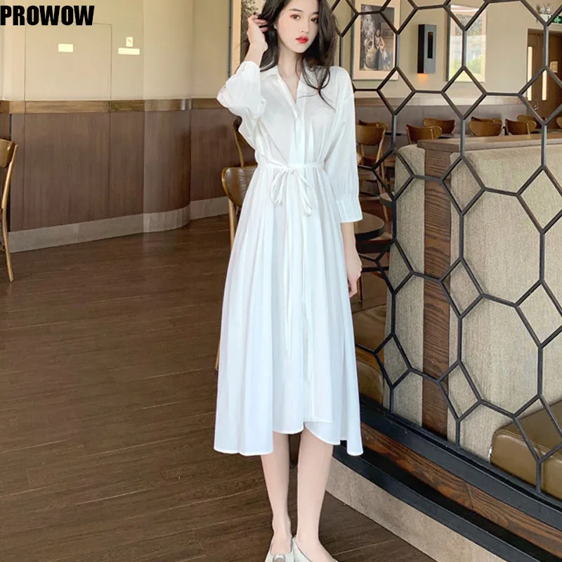 2020 Summer Office Lady Korean Elegant Dresses Retro Puff Sleeve Lace Up Waist Fairy Dress White Shirt Dress