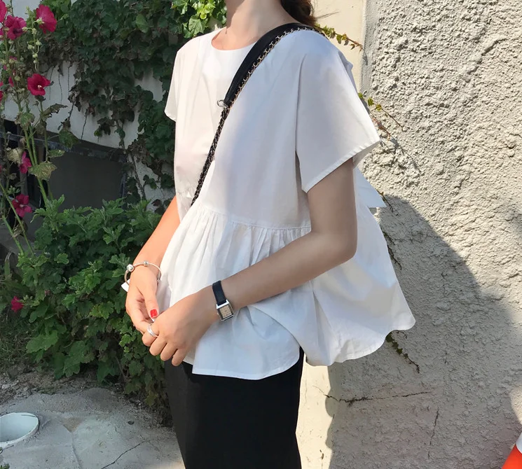Boho, винтажная, шикарная, с бантом сзади, белая блузка, женская рубашка, Корейская одежда, летняя, повседневная, короткий рукав, женские топы, блузы