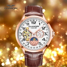 

GUANQIN Military Men's Automatic Mechanical Watch 30M Life Waterproof Leather Bracelet Watch Stainless Steel Moon Phase 24 Hours