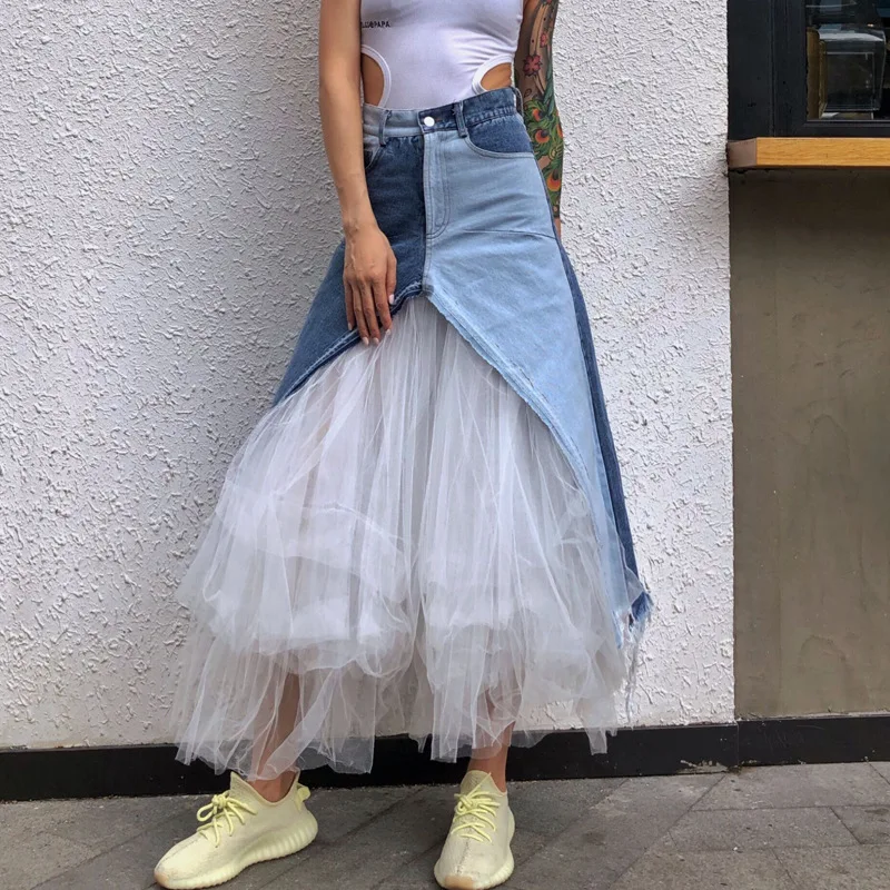 MIAOQINGCasualnetfabricpatchworkwomensdresshighwaistedcolorcontrastdenimirregularmediumlengthskirtwomensfashion2019summernewstyl - Цвет: as photo