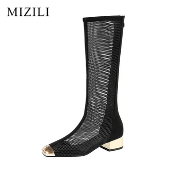 

Women High Heel Shoes Mesh Breathable Boots Zip Pointed Toe Thick Heels Fashion Female Dress Shoes Elegant Footwear