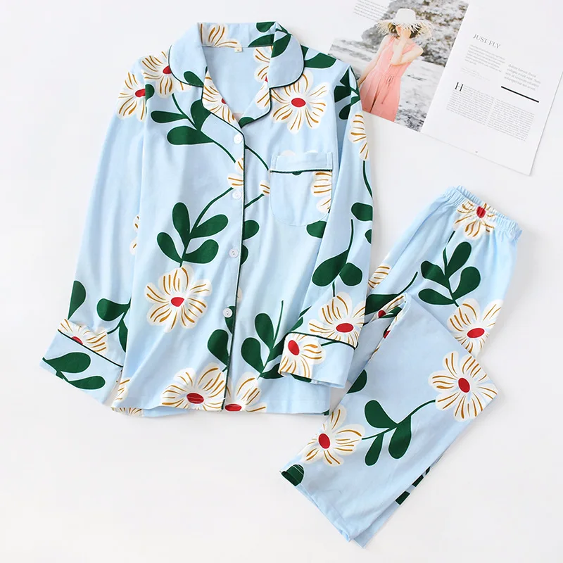 Spring and Autumn New Products Ladies Pure Cotton Plus Size Homewear Knitted Long Sleeve Trousers Pajama Set two piece set women