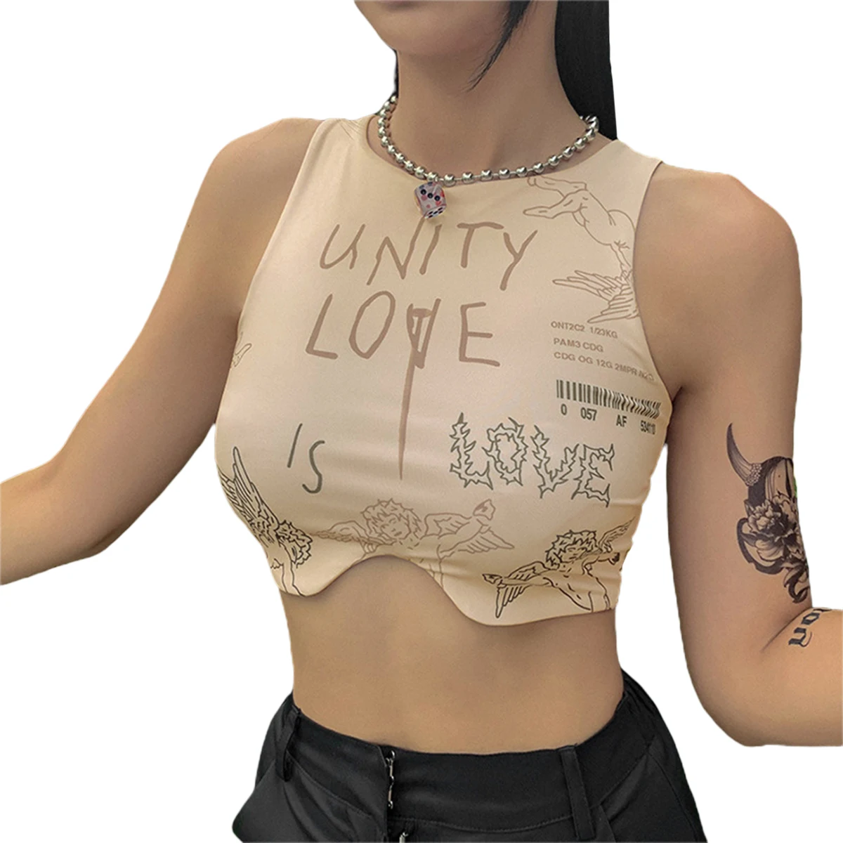 

Women Summer Cropped Shirt Top Letters Printed Wrapped Elastic Casual Party Round Neck