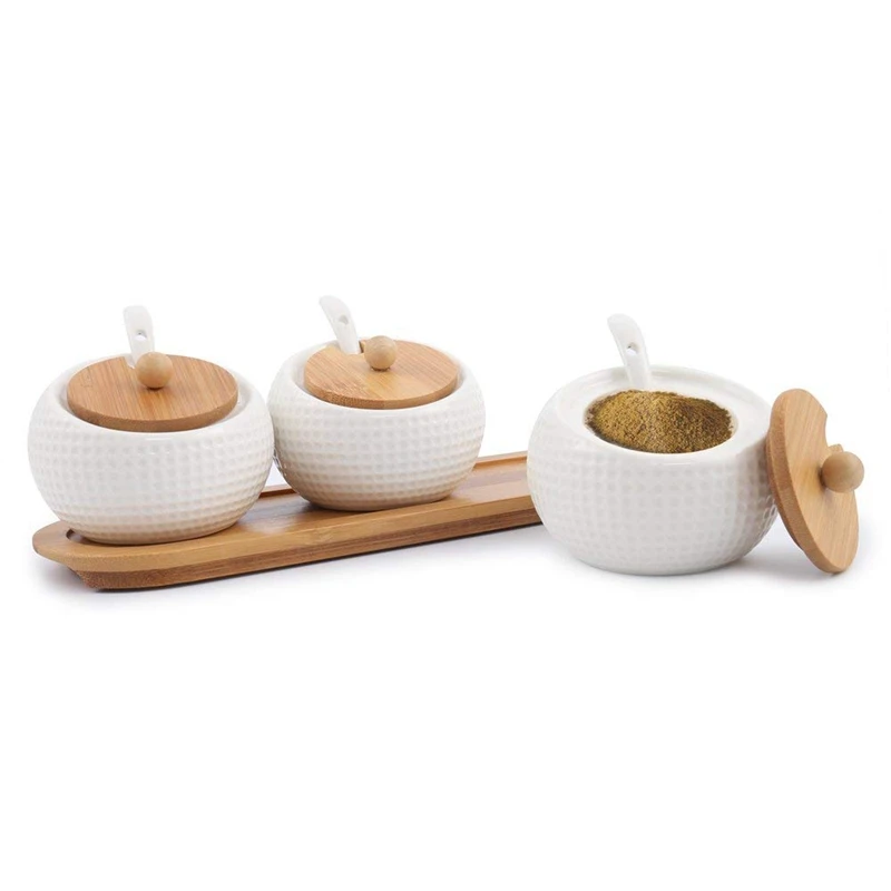 

Porcelain Condiment Container Spice Jar with Lids - Bamboo Cap Holder Spot, Ceramic Serving Spoon, Wooden Tray,Best Pottery Cr