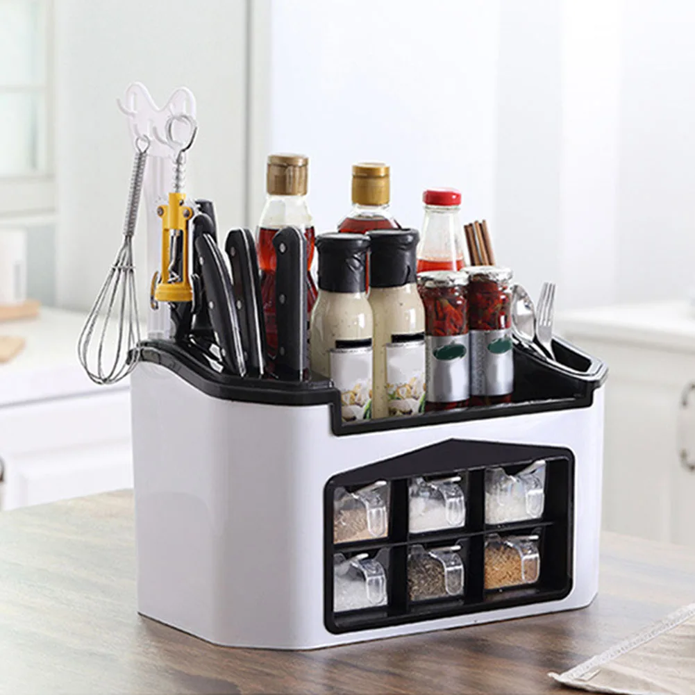 

Standing Detachable Draining Design Household ABS Seasoning Rack Sauce Hook Cutlery Holder Organizer Kitchen With Spice Box