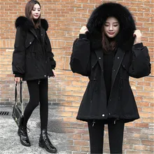 Новинка, женская зимняя куртка размера плюс, уплотненный большой меховой воротник, пуховое хлопковое пальто, зимняя женская черная парка, верхняя одежда v217