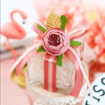 

10pcs 7x7x7cm DIY 0.6cm/2cm ribbons flower four colors wedding transparent box candy box creative packaging chocolate candy box