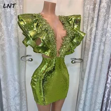 Глубокий низкий вырез зеленый блесток Короткие Коктейльные Вечерние платья от кутюр