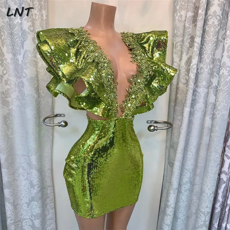 

Deep Low Cut Green Sequin Short Cocktail Party Dress Couture