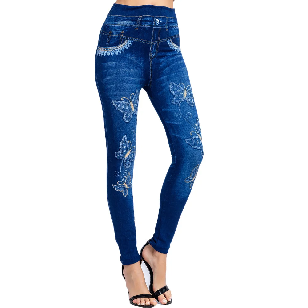 Spring 2021 Women's High Waist Jeans Pants Butterfly Print and Ankle Elastic Tight Fake Jeans Large Women Sexy Hip Pants