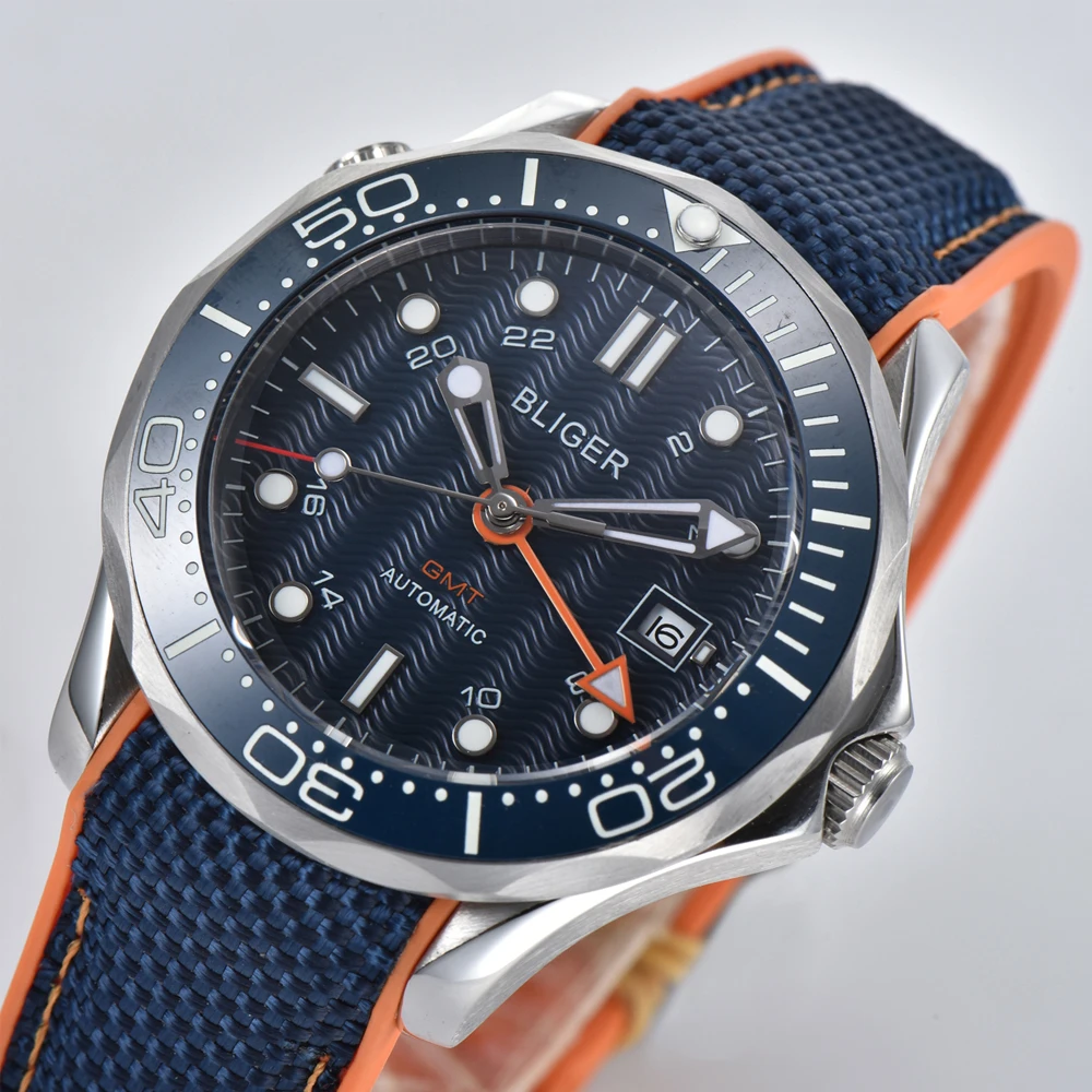 Мужские спортивные часы BLIGER 41 мм с синим циферблатом GMT ободком светящимся