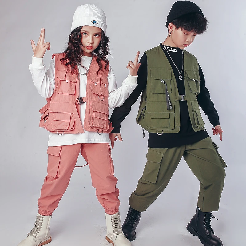 Kid Army Green Tactival Vest Top Waist Coat Casual Hip Hop Pants Clothing Stripe Shirt for Girls Boys Dance Costume Clothes Wear | Детская