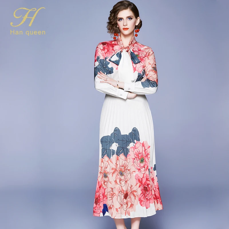 H Han queen/осенне-зимнее Плиссированное длинное платье с цветочным принтом и бантом для вечеринки, богемные платья для женщин, Элегантные повседневные платья - Цвет: Photo Color