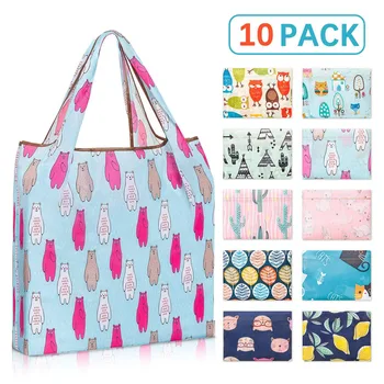 

10 Pcs/set Colorful Reusable Grocery Bags Eco Friendly Folding Shop Big Size Sturdy Oxford Bag with Owl Cat Rabbit printing