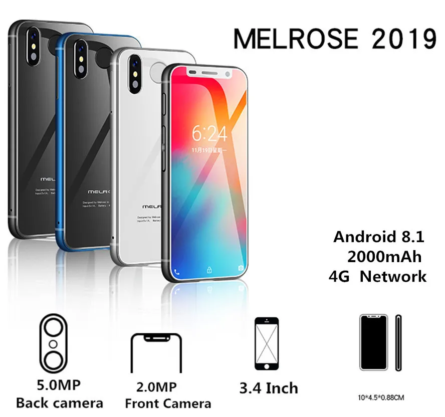 Super Mini Melrose 2019 4G Lte Smallest Smartphone 3.4'' MTK6739 Quad Core Android 8.1 Fingerprint ID  Cellphone