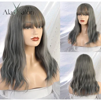 

ALAN EATON Synthetic Ombre Gray Blue Wigs with Bangs Medium Hair for Women's Water Wave False Hair Cosplay Wigs Heat Resistant