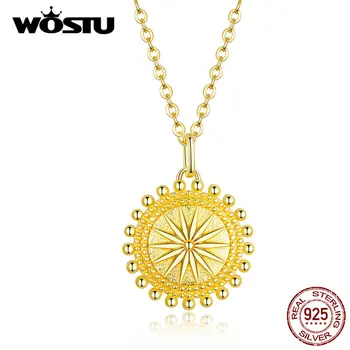 

WOSTU 925 Sterling Silver Necklaces Guarding Sunshine Round Pendant Gold Color Chain Link For Women Vintage Jewelry Gift BKN353