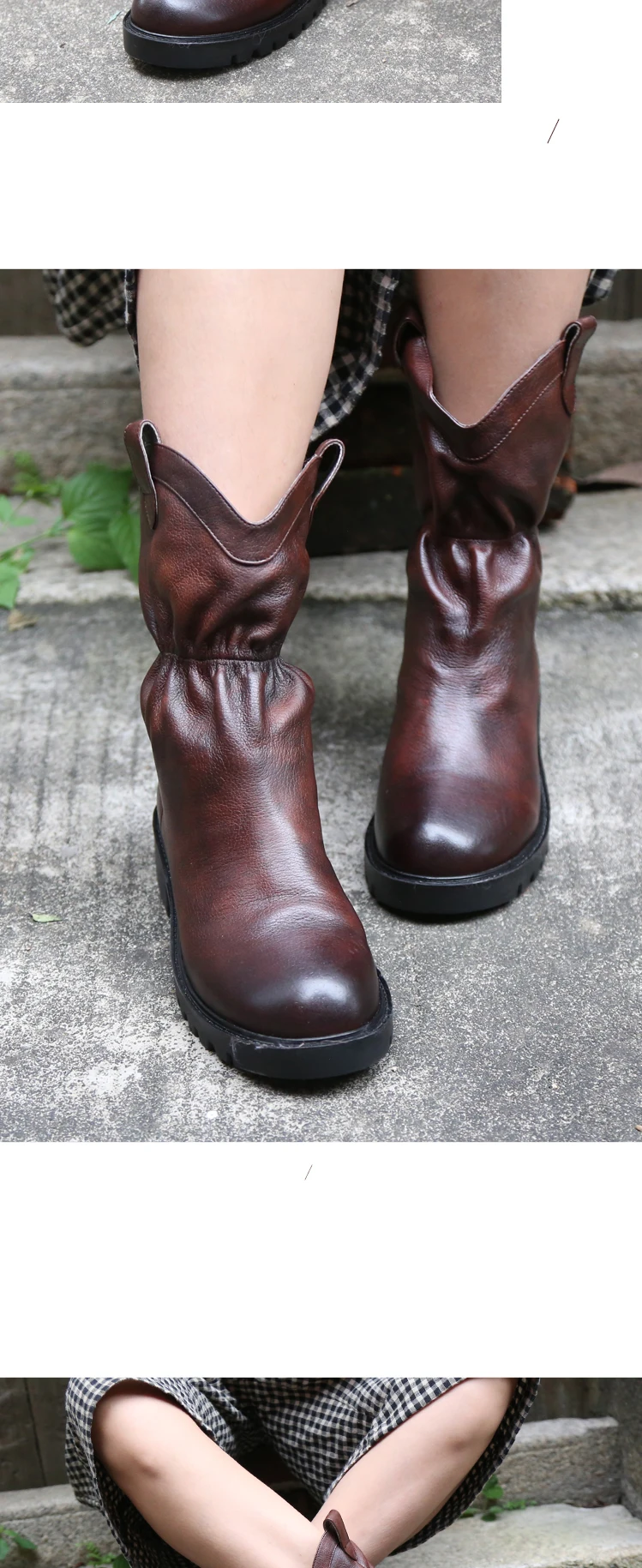 Оригинальные женские ботинки ручной работы из натуральной кожи; Средний теленок в стиле ретро с круглым носком; удобные ботинки из воловьей кожи без застежки на каблуке