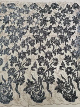 

gold with black color handmade beads sequins velvet embroidery lace fabric high class design flower pattern wholesale price