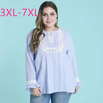 

Female 2020 spring autumn plus size tops for women large long sleeve casual loose lace O neck T-shirt blue 3XL 4XL 5XL 6XL 7XL