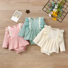 

0-24 Months Newborn Baby Girls Ribbed Ruffle Rompers Sweet Infant Long Sleeve Round Lace Trim Neck Flower Decorative Bodysuits
