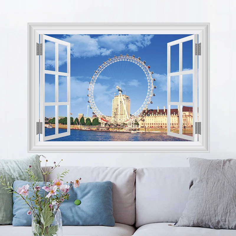 6style 3D Vivid View City Scenery Window Wall Stickers Living Room Bedroom Decoration Home Decor Mural Landscape Wall Art Decal