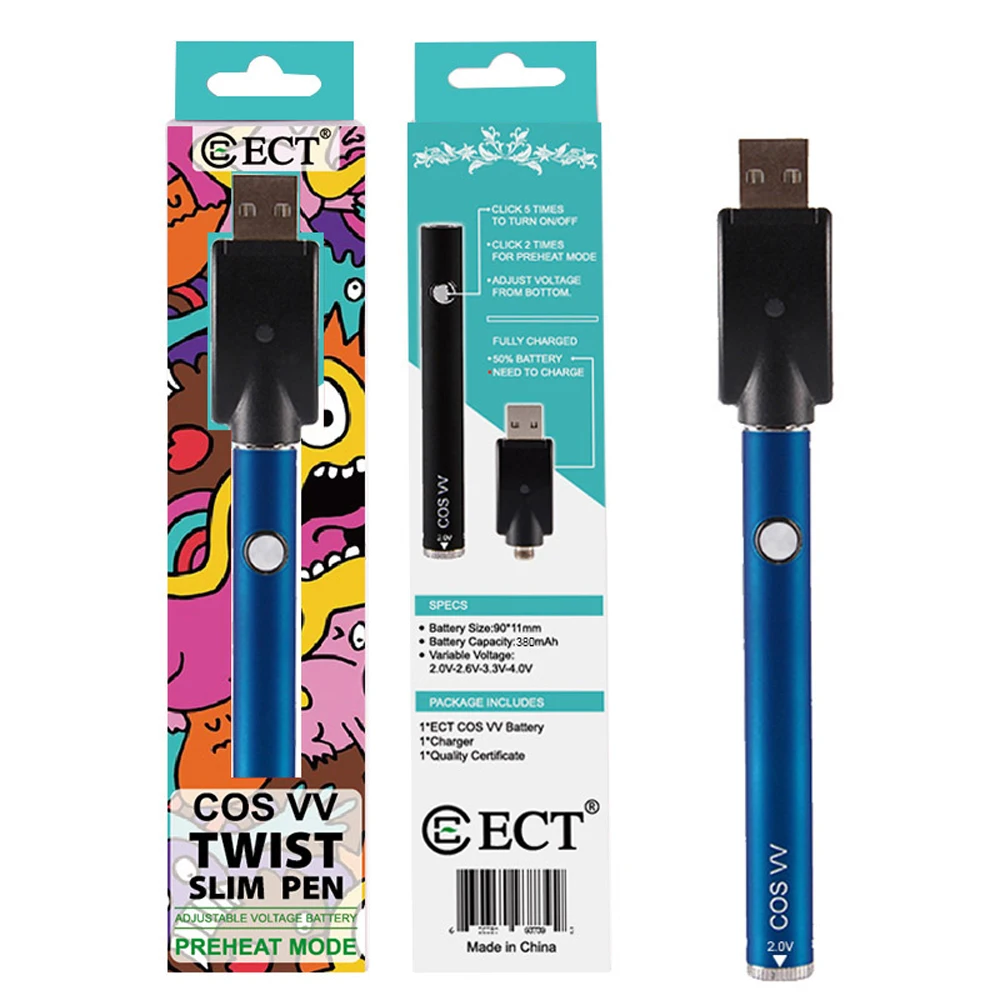 ECT COS VV электронная сигарета батарея 380 мАч Ego Vape 510 нить подходит для B5 CBD электронная сигарета испарители Vape ручка батарея - Цвет: Синий