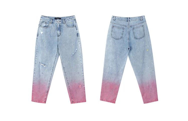 ELFSACK Pink Gradient High Waist Washed Casual Women Denim Jeans,2020 Autumn ELF Ripped Hole Korean Female Daily Basic Trousers