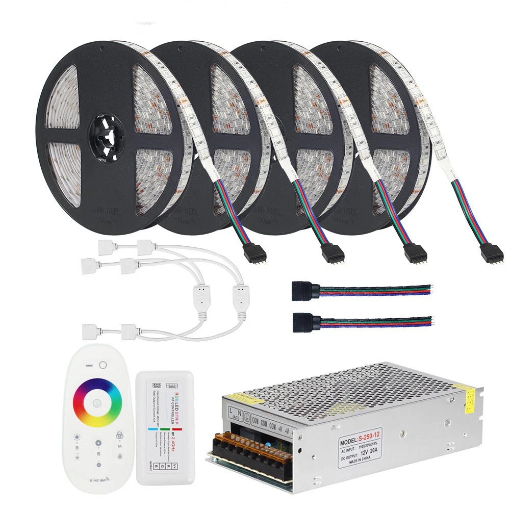 US $17.99 DC12V 5050 LED Strip RGB RGBW RGBWW 5M 10M 20M Set LED Strip 5050 RGB 60LEDsM Touch Remote Controller 12V Power Adapter