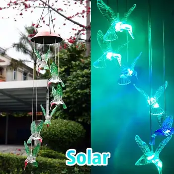 

New Solar Powered LED Wind Chime Outdoor LED Light Changing Color Waterproof Wind Chimes Hummingbirds Windchime Home Decor Art C