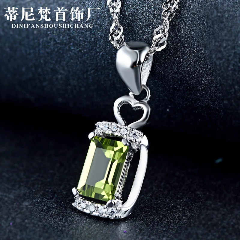 

Hot Selling S925 Fine Silver Diamond Set Gemstone Olivine Creative Simple Necklace Choker Pendant Women's